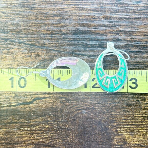 Sterling Silver 925 Crushed Opal and Green Enamel Inlay Dangle Earrings 2" Long - Picture 8 of 9